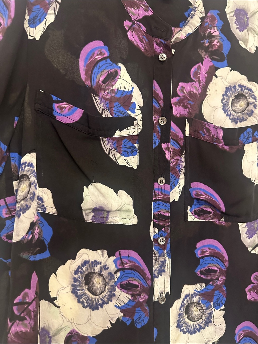 J. Crew Black Floral Button-Up Silk Blouse with White and Purple Blooms - Picture 3 of 10